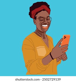 Alegre joven empresaria afroamericana sonriendo con sus mensajes de teléfono celular con gafas