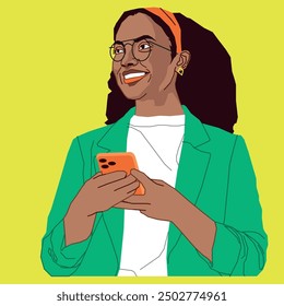 A cheerful young African American businesswoman holding a cell phone wearing an orange head tie and glasses