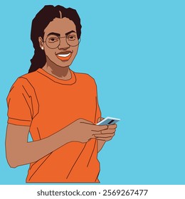 A cheerful young African American woman with stylish glasses, smiling warmly as she holds her smartphone in one hand, engrossed in reading her messages.