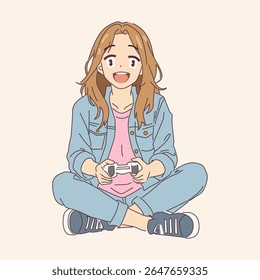 Cheerful young anime woman playing video games with a controller. Sitting crosslegged in casual attire. Illustration style with pastel colors. Engaged and joyful expression.