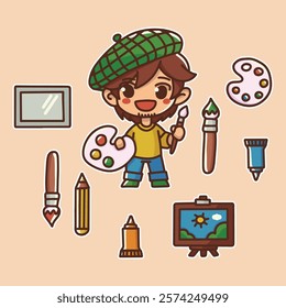 A cheerful young artist holding painting tools, surrounded by creative supplies. A fun illustration celebrating creativity, art, and the joy of self-expression