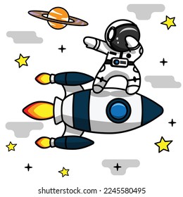 Cheerful young astronaut on a white background. Flying in a spaceship and dancing. Flying planets. Picture.