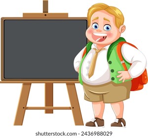 Cheerful young boy with backpack by blackboard