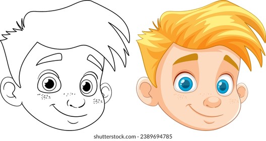 A cheerful young boy with blond hair and blue eyes, smiling brightly