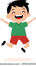 A cheerful young boy with dark hair, wearing a green shirt and red shorts, leaps into the air, radiating joy and exuberance in a playful setting.