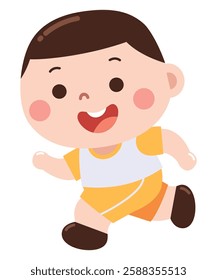 A cheerful young boy dressed in a white and yellow sports outfit, joyfully running forward.