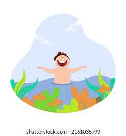 Cheerful Young Boy Enjoying Rainfall In River Or Sea With Floral On Blue And White Background.