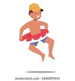 Cheerful Young Boy Enjoys The Summer By Jumping Joyfully On A Sandy Beach. Wearing A Cap And Holding A Red And White Inflatable Ring, Kid Exhibits The Essence Of Childhood Fun And Beach Vacations