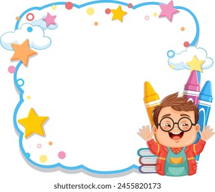 Cheerful young boy with giant crayons and stars.