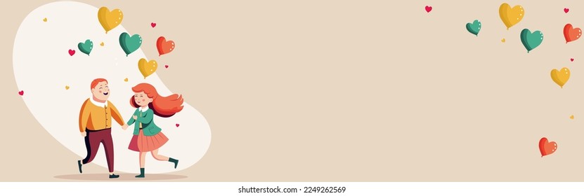 Cheerful Young Boy And Girl Holding Hands Together With Colorful Heart Balloons Decorated Beige Background And Copy Space. Happy Valentines Day Concept.