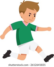 A cheerful young boy in a green soccer uniform energetically kicks a ball, exuding excitement and vitality in this engaging vector art.