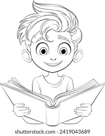 A cheerful young boy happily reading a book.