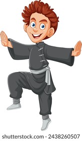 Cheerful young boy in martial arts stance