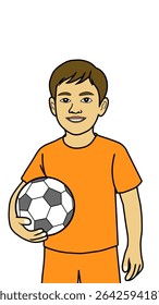 A cheerful young boy in an orange outfit, holding a classic soccer ball. Perfect illustration for sports, children's activities, or active lifestyle themes.