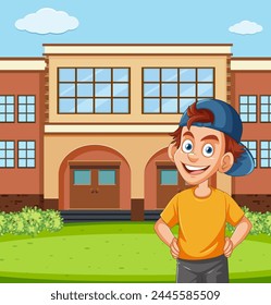 Cheerful young boy outside school building illustration