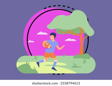 Cheerful young boy playing rugby game in park. Sporty kid in uniform with ball running on field. For childhood, sport, outdoor activity concept