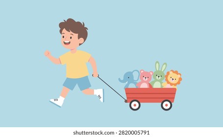 Cheerful young boy pulls a bright red toy wagon filled with his favorite soft plush animals on a blue background.