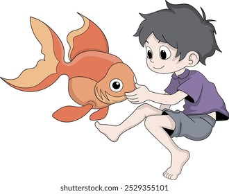 A cheerful young boy in a purple shirt and shorts is depicted playing with a large orange fish, showcasing a playful and imaginative interaction. 