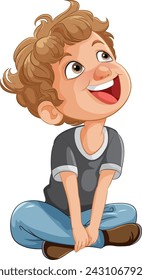 Cheerful young boy sitting, gazing upwards with a smile