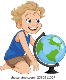 Un jovencito alegre sentado mirando al mundo del juguete