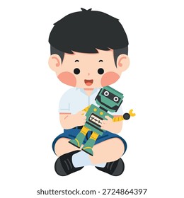 cheerful young boy smiling and holding his favorite robot toy with joy adorable child playing with mechanical friend in flat illustration style for childhood imagination technology and stem education concept