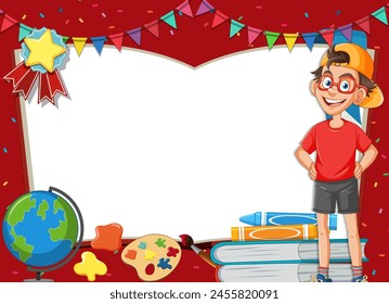 Cheerful young boy surrounded by educational items.