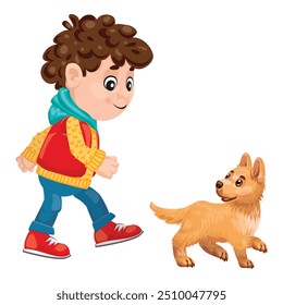 Cheerful young boy is walking with his playful puppy dog, enjoying a fun outdoor adventure