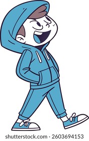 A cheerful young boy is walking with his hands in his pockets, looking up with a bright smile | Adobe Illustrator Artwork