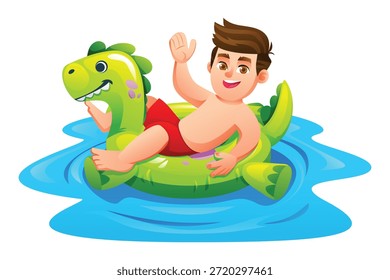 Cheerful young boy waving while floating on a green dinosaur inflatable ring. Vector cartoon character illustration