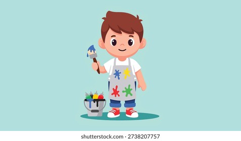 A cheerful young boy wearing an apron and holding a paintbrush, ready to create art with a bucket of colorful paints.
