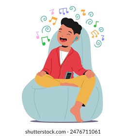 Cheerful Young Boy Wearing Headphones Enjoying Music While Sitting On A Bean Bag. Kid Character Smiling Happily, Showcasing The Joy And Relaxation That Music Brings To Him. Cartoon Vector Illustration