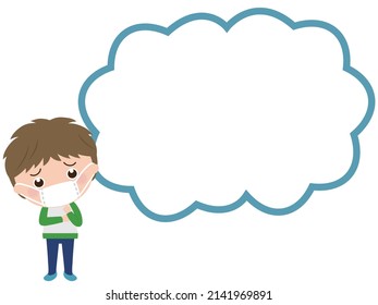 A cheerful young boy wearing a mask, with a speech bubble