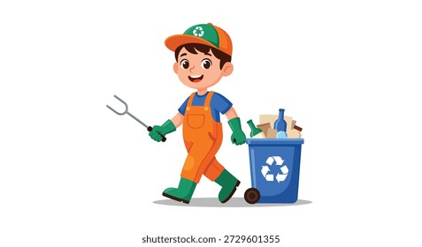 A cheerful young boy in work clothes and gloves, holding a trash picker, walks alongside a blue recycling bin filled with plastic bottles and paper.