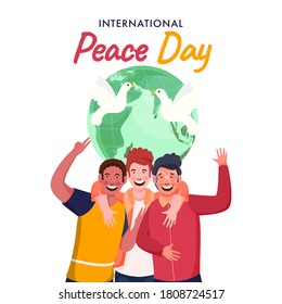 Cheerful Young Boys Group in Photo Capturing Pose with Earth Globe and Flying Doves on White Background for International Peace Day.