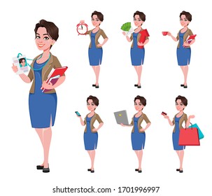 Cheerful young business woman, set of seven poses. Cute businesswoman cartoon character. Vector illustration