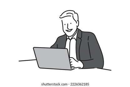 Cheerful young businessman working with laptop with smile on face.