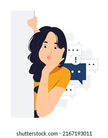 Cheerful Young Businesswoman say hi standing behind a wall while peeking with curiosity, startled, shocked, Surprised, peeping, listening, discovery and Pay attention concept illustration