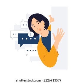 Cheerful Young Businesswoman standing behind a wall while peeking with curiosity, startled, shocked, Surprised, peeping, listening, discovery and Pay attention concept illustration