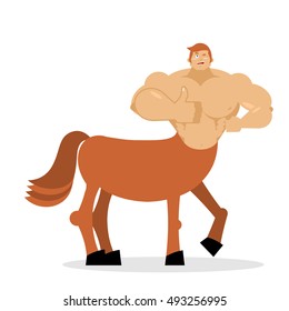 Cheerful young Centaur mythical creature. Half horse and guy. Sports creatures. Fairy-tale characters athlete.  