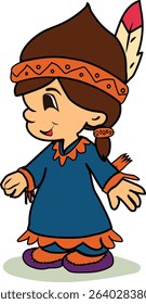 A cheerful young character stands with a playful stance, showcasing a vibrant outfit that includes a long blue dress adorned with orange accents along the neckline and hem. 