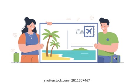 Cheerful young couple holding a large postcard depicting a tropical beach scene with palm trees and a postage stamp.
