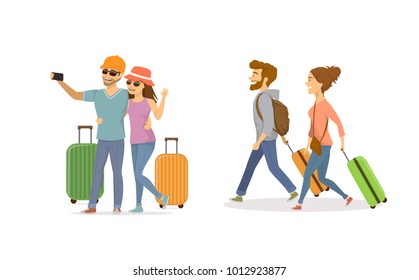 cheerful young couple , man and woman traveling with suitcases