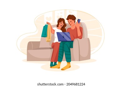 Cheerful young couple shopping on the internet Illustration concept. Flat illustration isolated on white background.