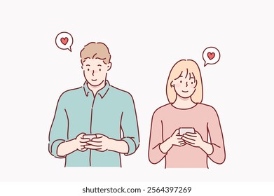 Cheerful young couple standing isolated over white background, holding smart phones in casual wear. Hand drawn style vector design illustrations.	