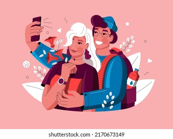 A cheerful young couple takes a selfie. Vector illustration for mobile applications, websites, social networks and postcards.