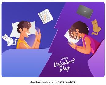 Cheerful Young Couple Talking To Each Other Through Smartphone On The Occasion Of Happy Valentine's Day.
