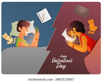 Cheerful Young Couple Talking To Each Other Through Smartphone with Pet Cat in Bed On The Occasion Of Happy Valentine's Day.