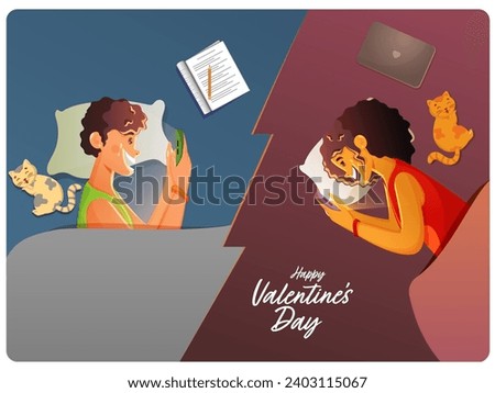 Cheerful Young Couple Talking To Each Other Through Smartphone with Pet Cat in Bed On The Occasion Of Happy Valentine's Day.