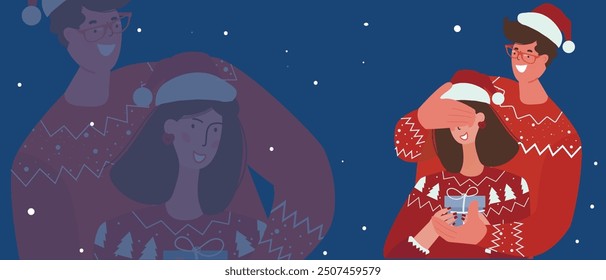 Alegre joven linda pareja sonriente alegre, dos hombres y mujeres con suéter rojo de Navidad, sombrero de Santa Claus posando, esposo abrazando a su esposa, sobre fondo azul. Feliz concepto de vacaciones del año Nuevo 2025.