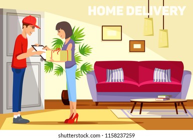 Cheerful young delivery man giving a cardboard box to young woman while standing at the entrance of her apartment. Fast and reliable service. Vector illustration